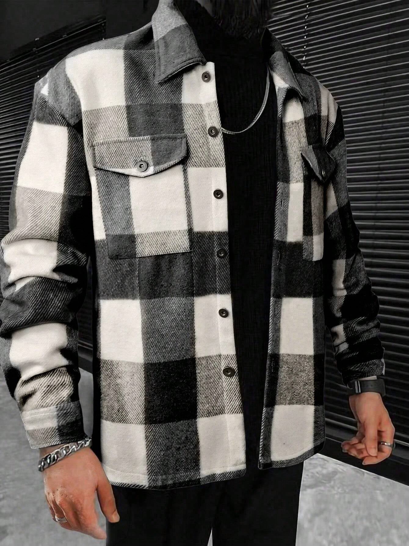 Manfinity Homme Men Plaid Print Flap Pocket Jacket