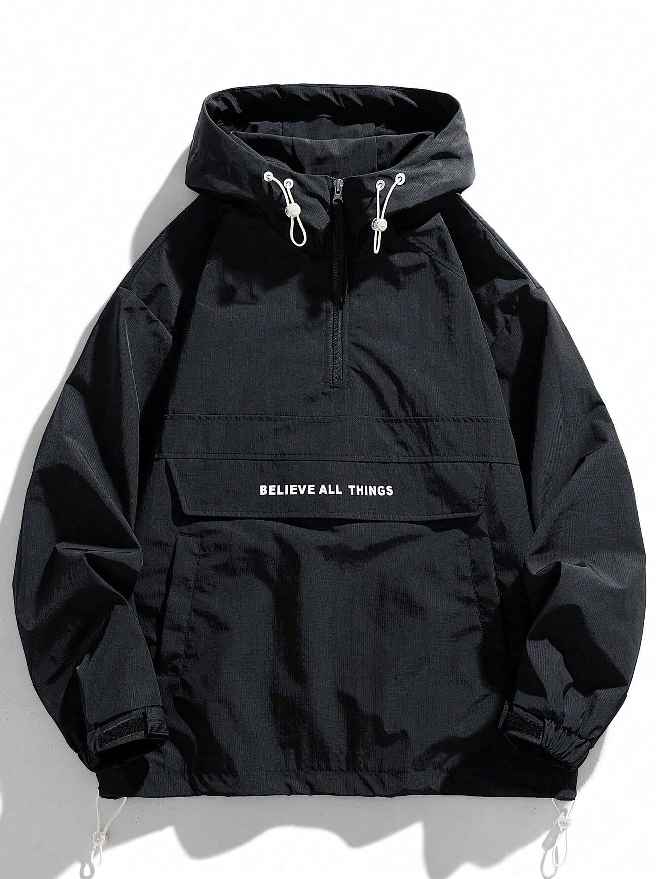 Men Slogan Graphic Drawstring Hem Hooded Jacket