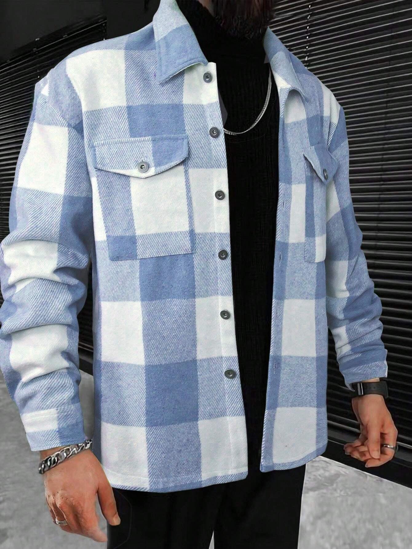 Manfinity Homme Men Plaid Print Flap Pocket Jacket