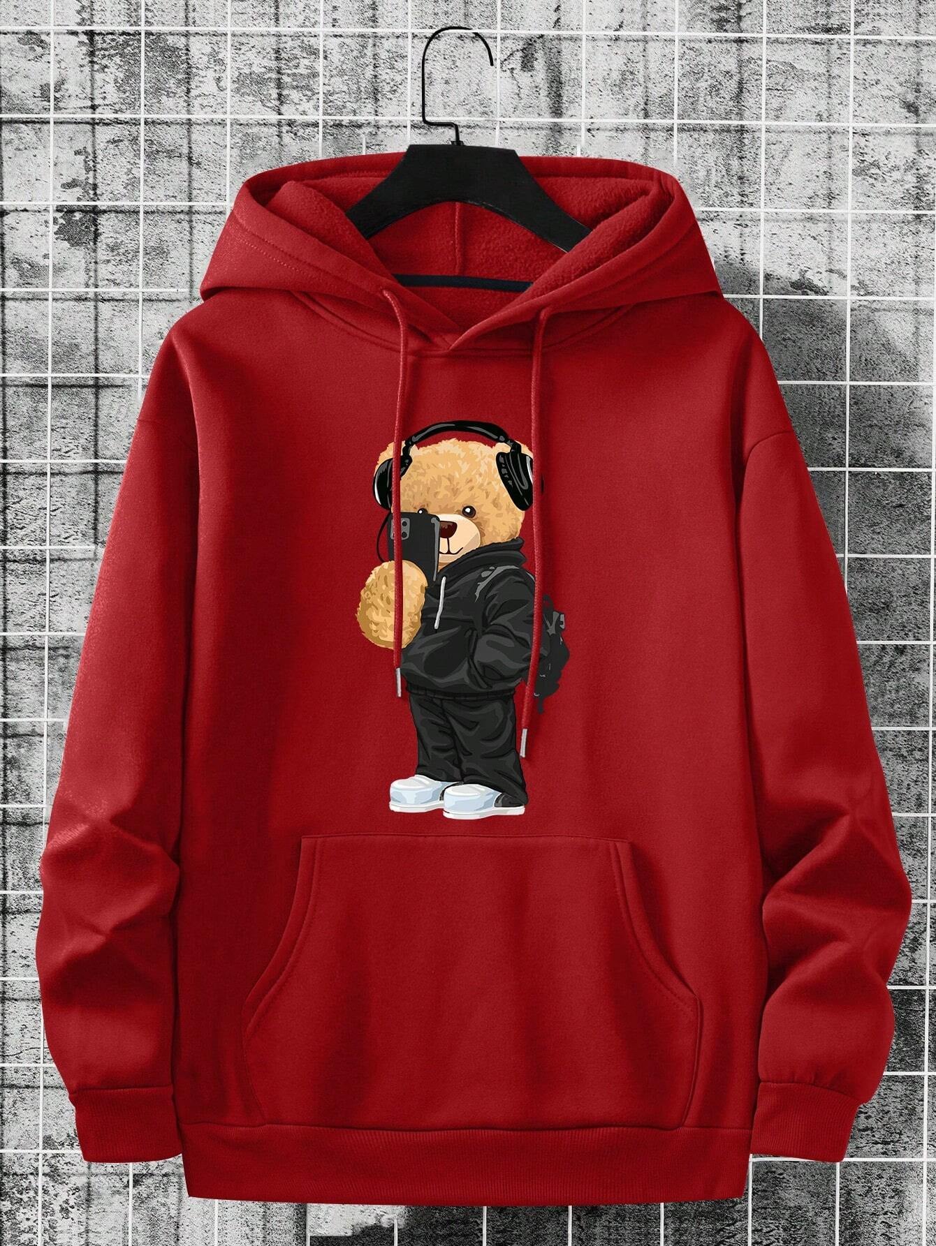 Manfinity Dauomo Men'S Cartoon Bear Printed Fleece Hoodie with Drawstring